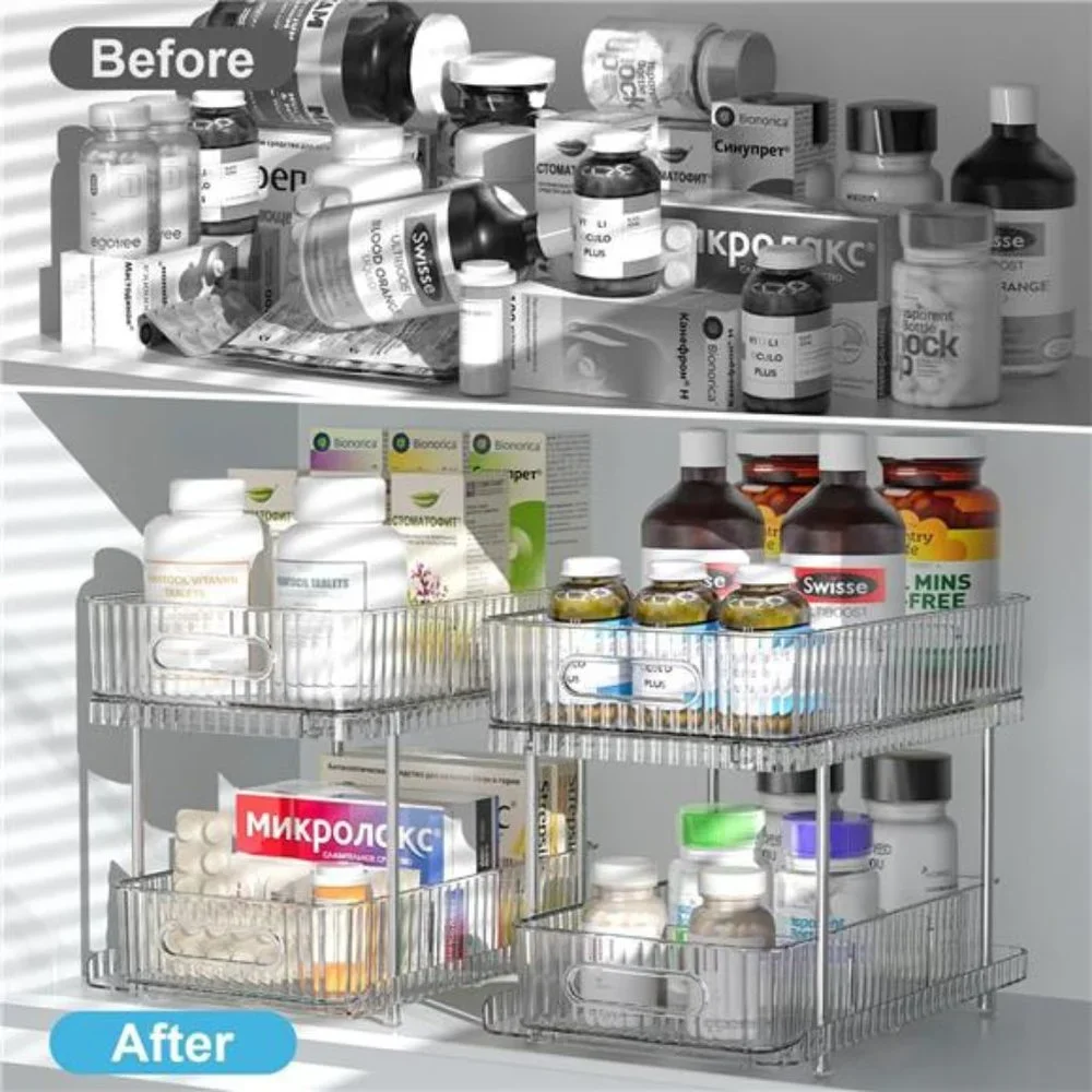 2 Pack Bathroom Cabinet Organizer, 2 Tier Pull Out Clear Under Sink Organizers